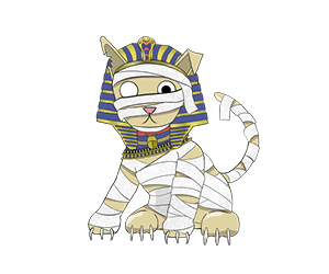 Cartoon of an ancient Egyptian cat with mummy bandages and Egyptian headpiece
