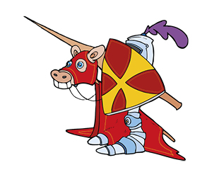 Cartoon of a medieval knight with shield and sword on a pretend horse.