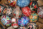 Multiple brightly coloured Pysanky Eggs