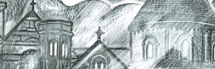 A pencil drawing of church roofs