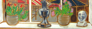 A colourful chalk picture of a window ledge with flower pots and a small bust looking out over red and white market stalls