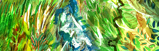 An expressive, colourful artwork of foliage in various shades of creates