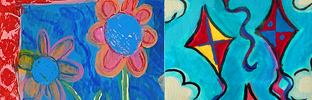 Colourful paintings of flowers and kites