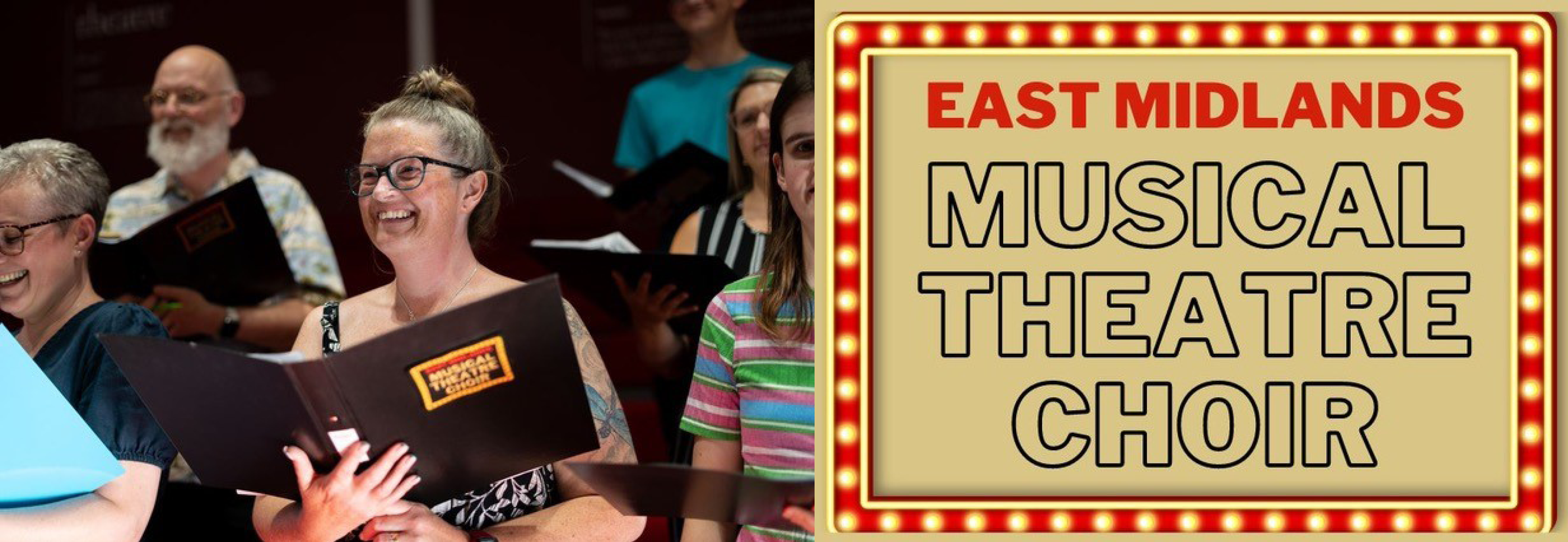 Promotional image for the East Midlands Musical Theatre Choir, featuring choir members singing and a theatre-style sign displaying the choir’s name.