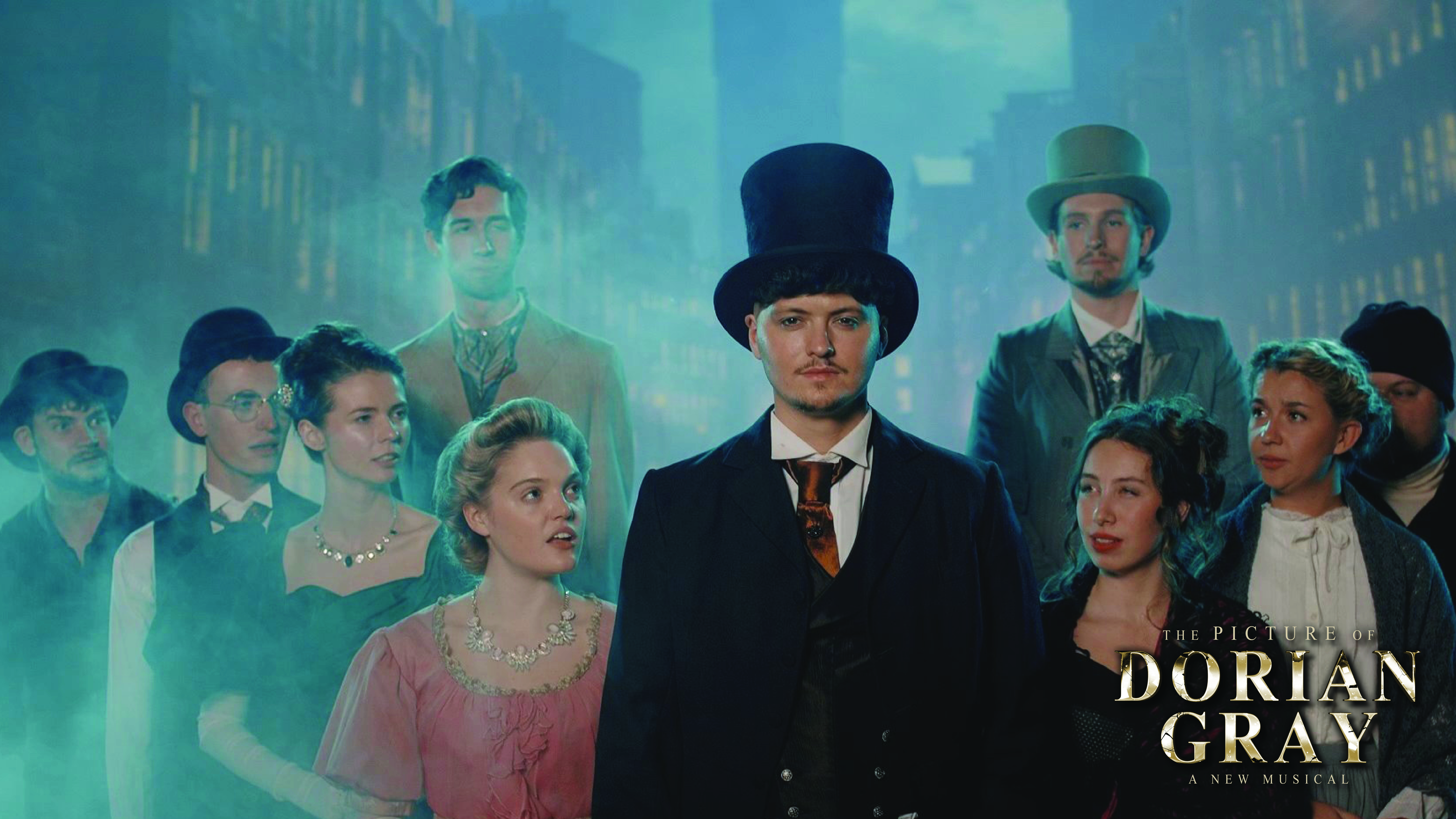 Promotional image for The Picture of Dorian Gray: A New Musical, featuring a cast in Victorian costume standing in a misty, blue-lit city setting.