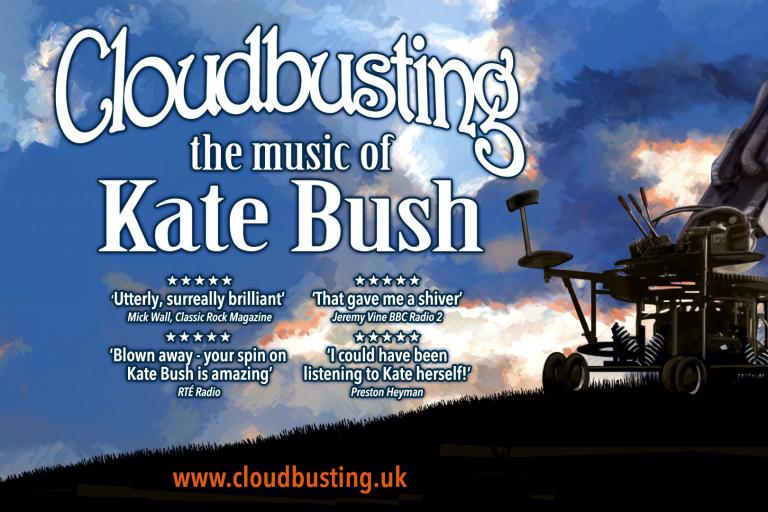 Promotional image for Cloudbusting: The Music of Kate Bush, featuring a dramatic cloud-filled sky and an industrial machine silhouette inspired by the song Cloudbusting.