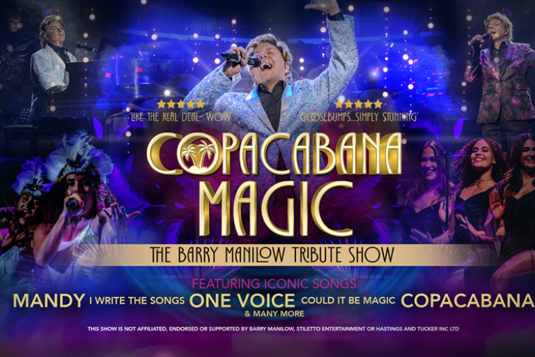 Promotional image for Copacabana Magic, featuring live singers and performers in a vibrant concert-style tribute to the music of Barry Manilow.