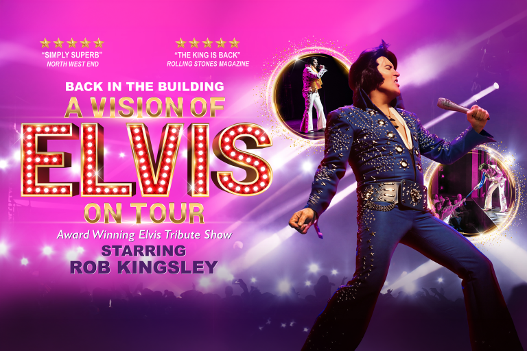 Promotional image for A Vision of Elvis, featuring a performer in a blue stage costume singing beneath vibrant pink and purple concert lighting.