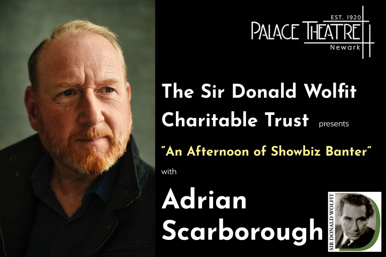 Promotional image for An Afternoon of Showbiz Banter with Adrian Scarborough, featuring a portrait photograph and event details on a black background.