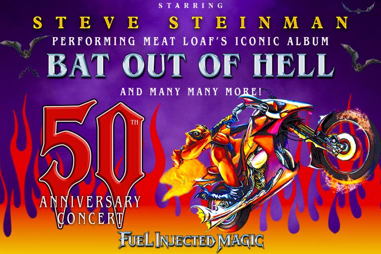 Promotional image for Bat Out of Hell: 50th Anniversary Concert, featuring a stylised motorcycle, flames, bats and bold rock-themed show branding.