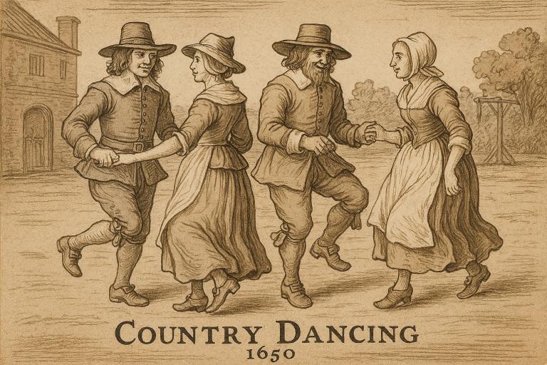 Historic illustration of couples performing a country dance in 17th-century clothing, captioned “Country Dancing 1650”.