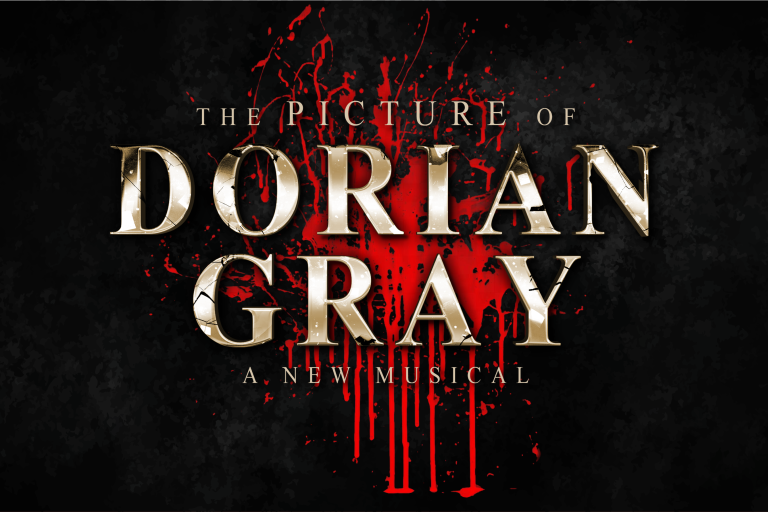 Promotional artwork for The Picture of Dorian Gray: A New Musical, featuring gold title lettering against a black background with striking red splashes.