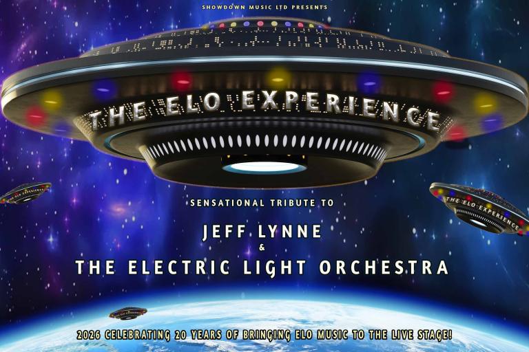 Promotional image for The ELO Experience, featuring a flying saucer above Earth in outer space, celebrating the music of Jeff Lynne and the Electric Light Orchestra.