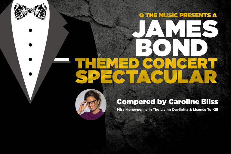 Promotional image for A James Bond Themed Concert Spectacular, featuring a stylised tuxedo design and bold gold and white event branding.