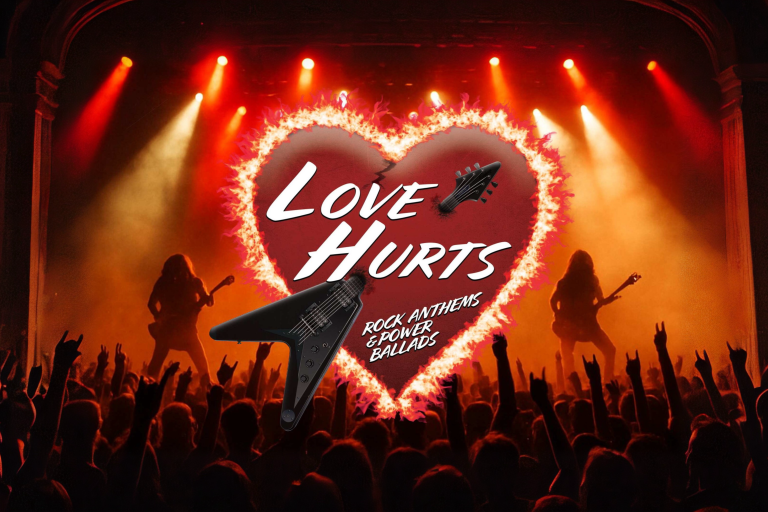 Promotional image for Love Hurts, featuring guitarists performing before a crowd beneath dramatic red stage lighting and a flaming heart-shaped logo.