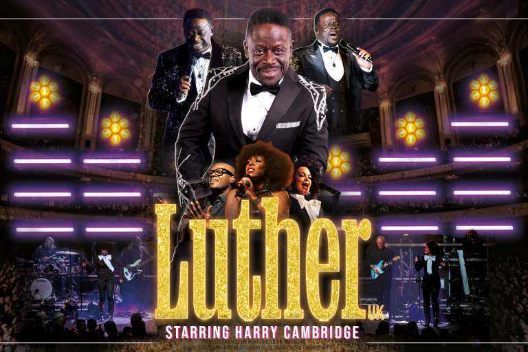 Promotional image for Luther UK starring Harry Cambridge, featuring live performers, musicians and concert-style lighting in a tribute to the music of Luther Vandross.