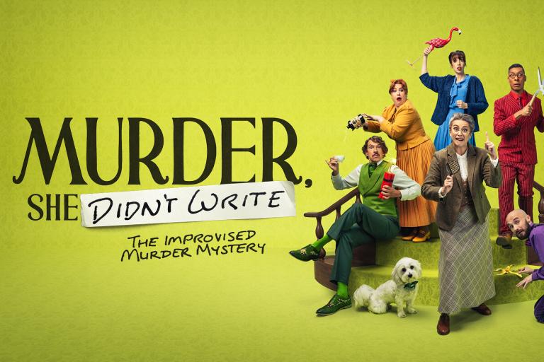 Promotional artwork for Murder, She Didn't Write: The Improvised Murder Mystery, featuring six eccentric characters posed on a staircase with comedy props including garden shears, a flamingo ornament, a watering can and a banana peel, alongside a white dog. The show's title appears prominently on a bright green patterned background.