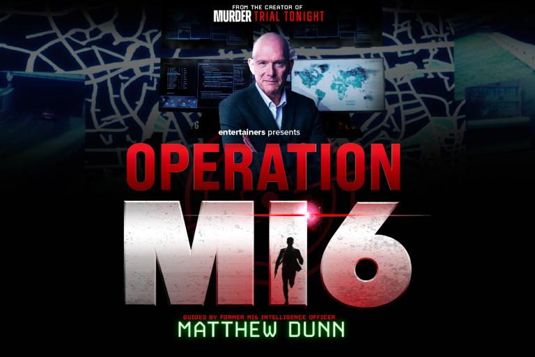 Promotional image for Operation MI6, featuring espionage-themed graphics, digital maps and a former intelligence officer against a dramatic spy-inspired backdrop.