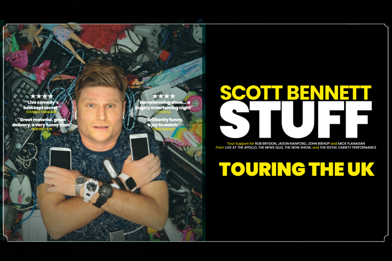 Promotional image for Scott Bennett: Stuff, featuring the comedian surrounded by household clutter and gadgets with bold yellow and white show branding.