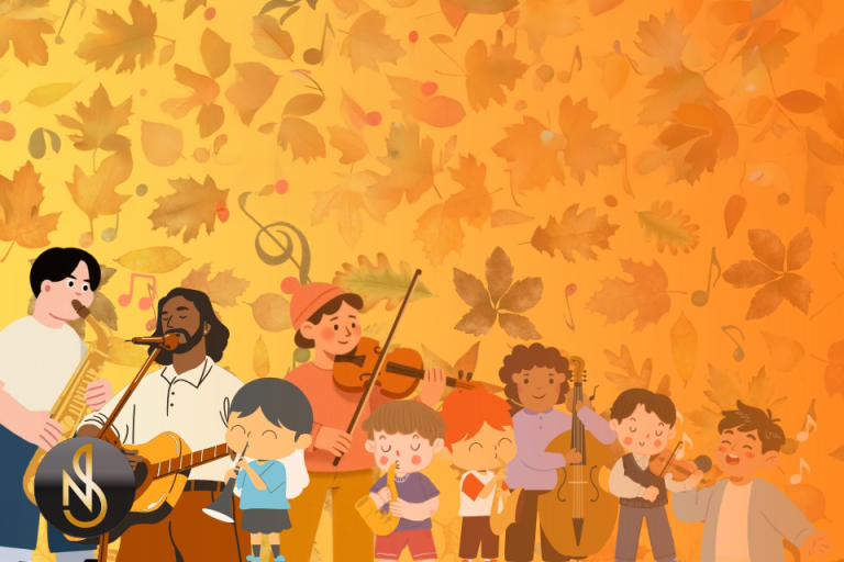 Promotional graphic for Sounds of Newark, presented by Newark & Sherwood Development Band in partnership with Palace Theatre Newark. An autumn-themed orange background with falling leaves and musical notes features illustrated musicians and children playing instruments, alongside the event title and Palace Theatre Newark logo.