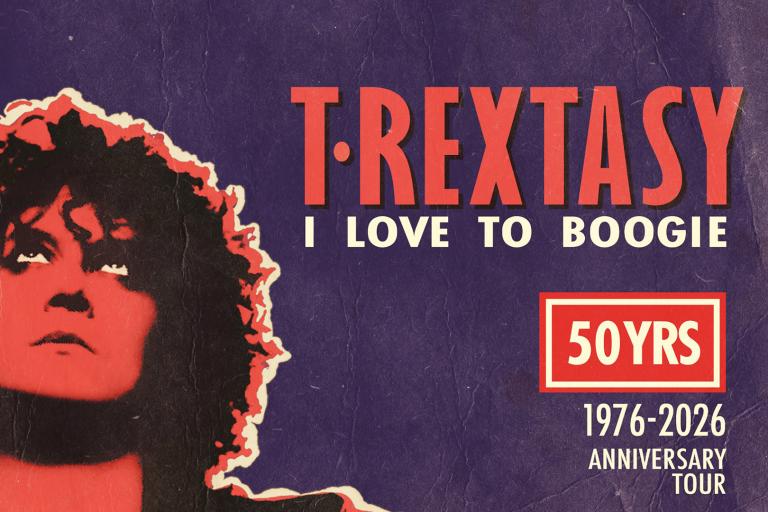 Promotional graphic for T.Rextasy: I Love to Boogie, featuring a retro-style red and black portrait illustration on a purple background. Text highlights the show title and celebrates the 50 Years Anniversary Tour, 1976-2026.
