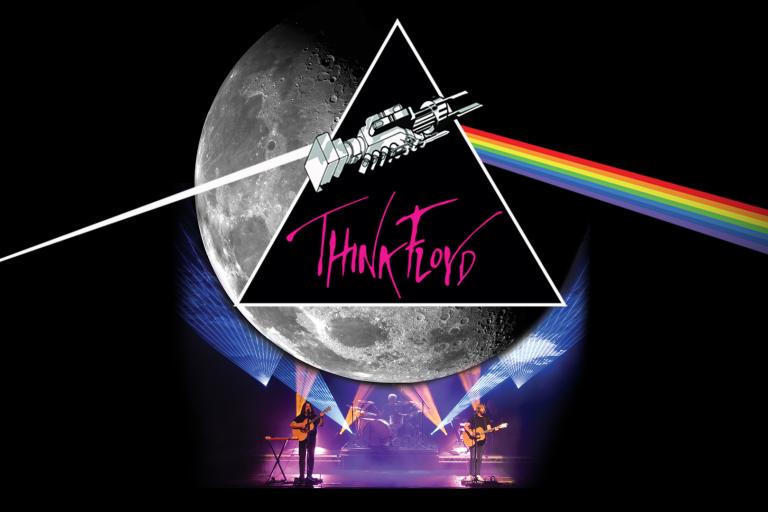 Promotional image for Think Floyd, featuring a prism and rainbow graphic, the Moon, and musicians performing beneath dramatic stage lighting.