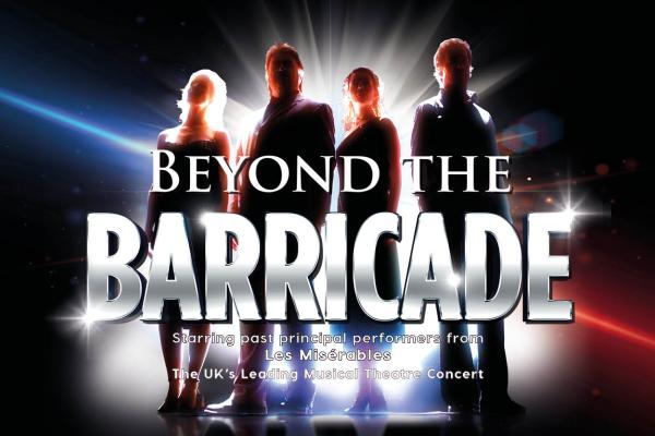 Promotional image for Beyond the Barricade, featuring dramatic red and blue stage lighting and the show's title on a dark background.