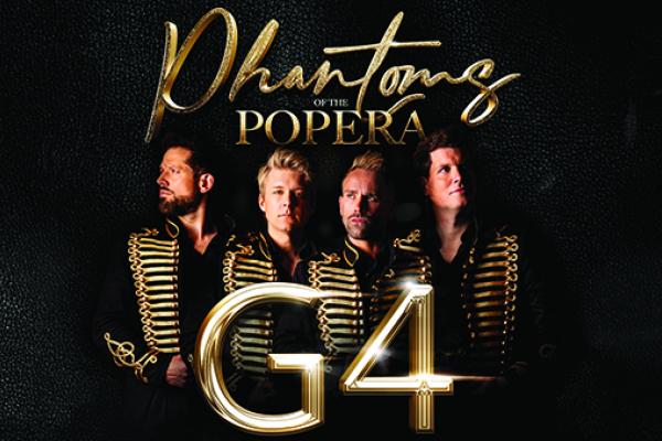 Promotional image for Phantoms of the Popera: G4, featuring four performers in matching black and gold jackets against a dark background.