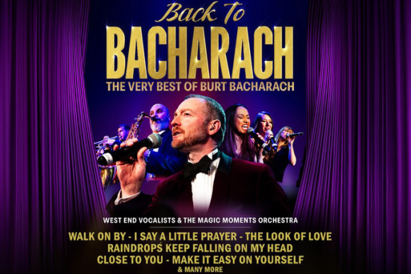 Promotional image for Back to Bacharach, featuring vocalists and musicians performing the timeless music of Burt Bacharach on a purple-lit stage.