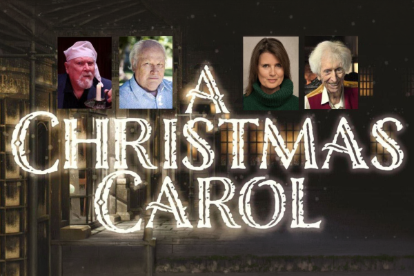 Promotional image for A Christmas Carol, featuring a Victorian winter street scene, cast photographs and the title of the classic festive tale.