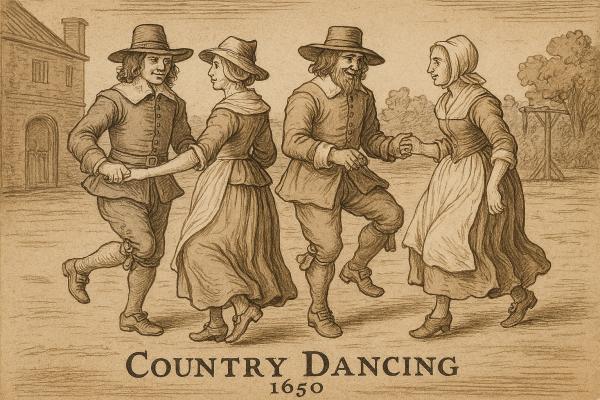 Historic illustration of couples performing a country dance in 17th-century clothing, captioned “Country Dancing 1650”.
