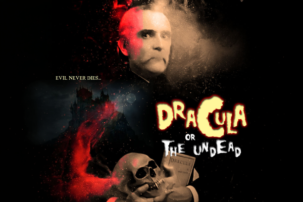 Promotional image for Dracula or The Undead, featuring a gothic portrait of Dracula, a haunted castle, red mist and a skull against a dark background.