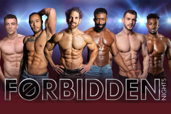 Promotional image for Forbidden Nights, featuring six performers beneath dramatic blue and purple stage lighting with the show's title displayed across the bottom.