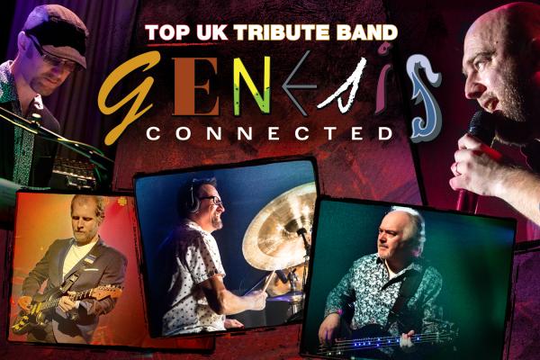 Promotional image for Genesis Connected, featuring live performance photos of musicians and singers performing a tribute to Genesis.