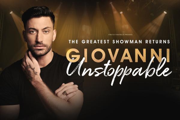 Promotional image for Giovanni: Unstoppable, featuring a portrait of the performer against a dark theatre backdrop with golden stage lighting.