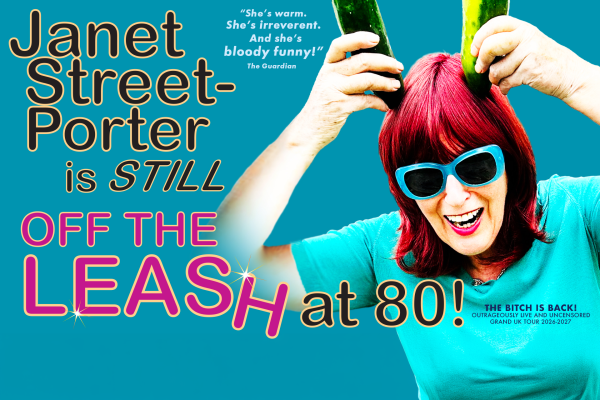 Promotional image for Janet Street-Porter Is Still Off the Leash at 80!, featuring Janet Street-Porter in blue sunglasses holding two cucumbers against a bright turquoise background.