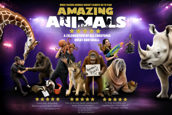 Promotional image for Amazing Animals, featuring presenters surrounded by a variety of animals beneath colourful stage lighting in a family-friendly wildlife show.