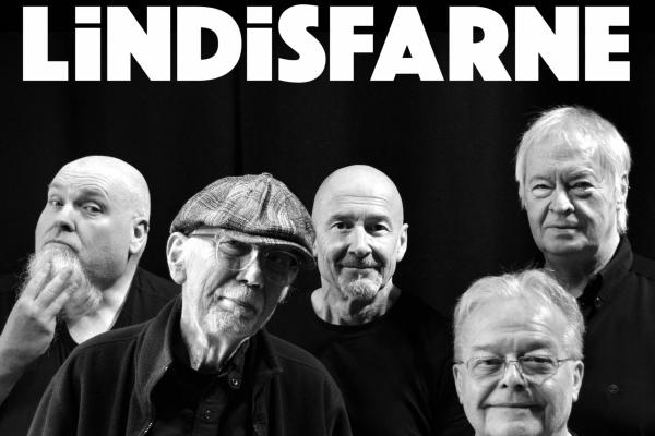 Black-and-white promotional portrait of the folk-rock band Lindisfarne with the band's name displayed above the group.