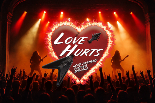 Promotional image for Love Hurts, featuring guitarists performing before a crowd beneath dramatic red stage lighting and a flaming heart-shaped logo.