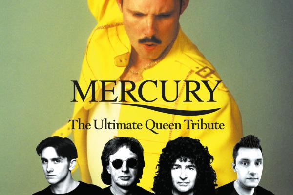 Promotional image for Mercury: The Ultimate Queen Tribute, featuring a performer in a yellow stage jacket and portraits of band members celebrating the music of Queen.