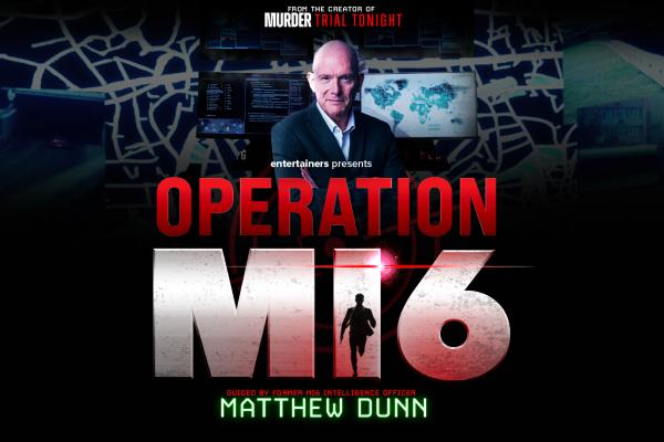 Promotional image for Operation MI6, featuring espionage-themed graphics, digital maps and a former intelligence officer against a dramatic spy-inspired backdrop.