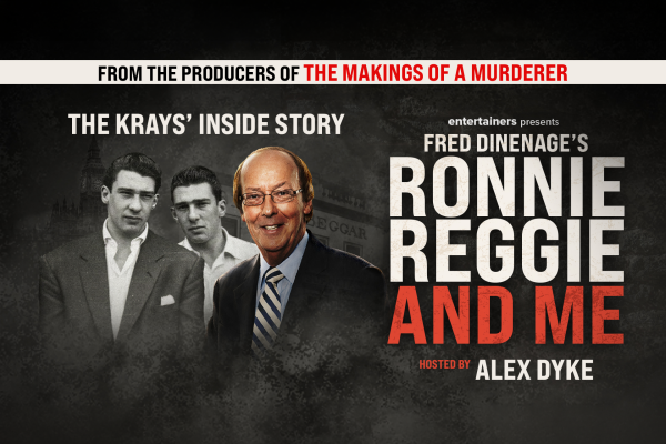 Promotional image for Ronnie, Reggie and Me, featuring portrait and archival-style photographs alongside bold white and red show branding.