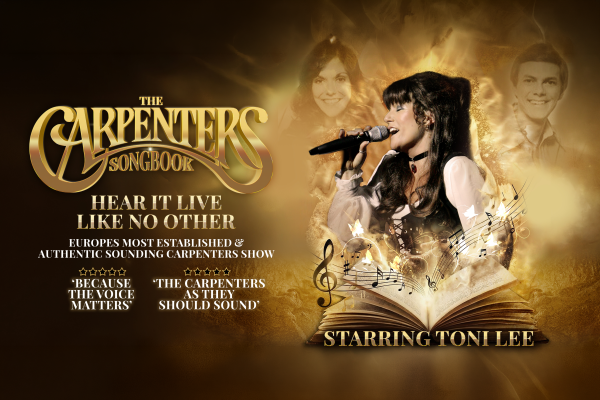 Promotional image for The Carpenters Songbook, featuring a vocalist performing amid golden musical imagery celebrating the music of The Carpenters.