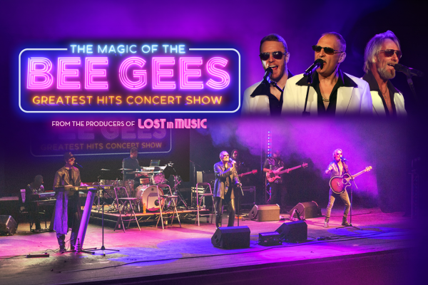 Promotional image for The Magic of the Bee Gees, featuring performers on stage beneath vibrant purple lighting and neon-style show branding.